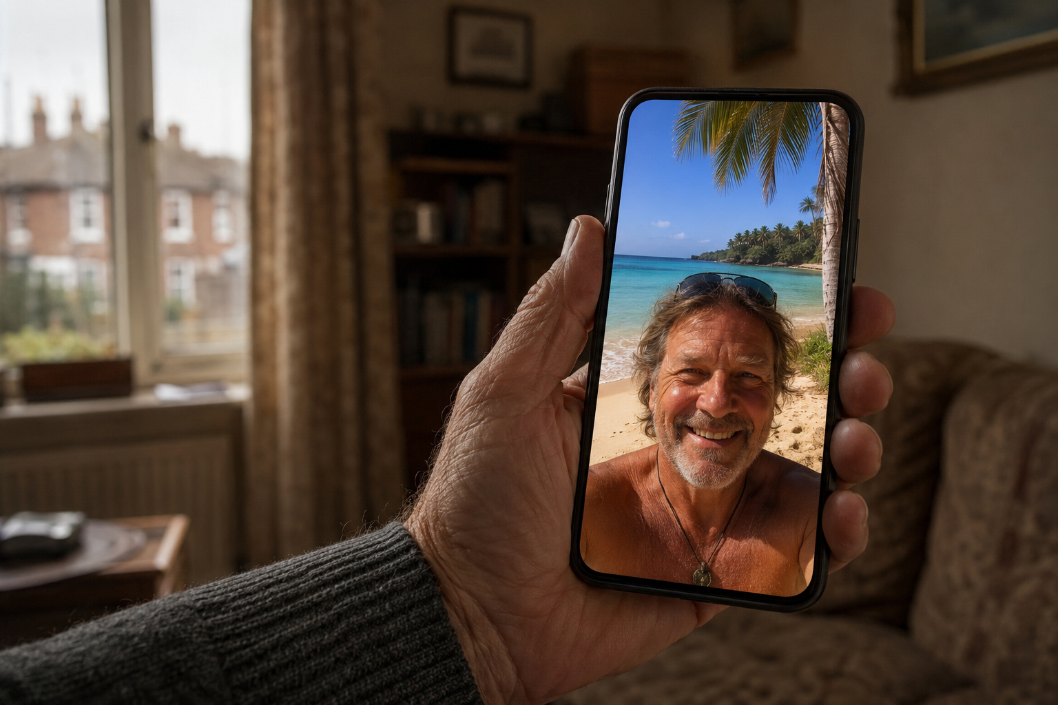 An older man making a video call to a friend on a beach in Mexico