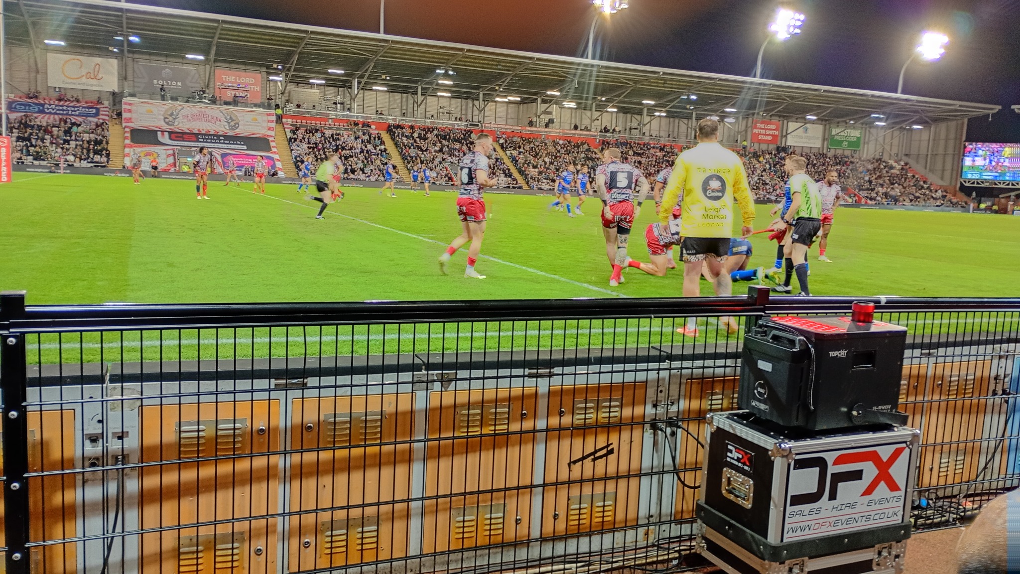 Leigh and Wakefield players gathered after a tackle