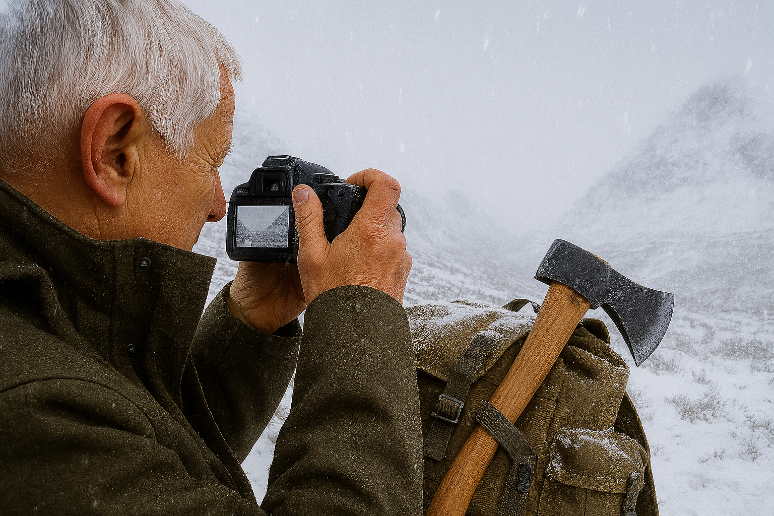 Dave photographing the mountains with an axe attached securely to his outdoor rucksack