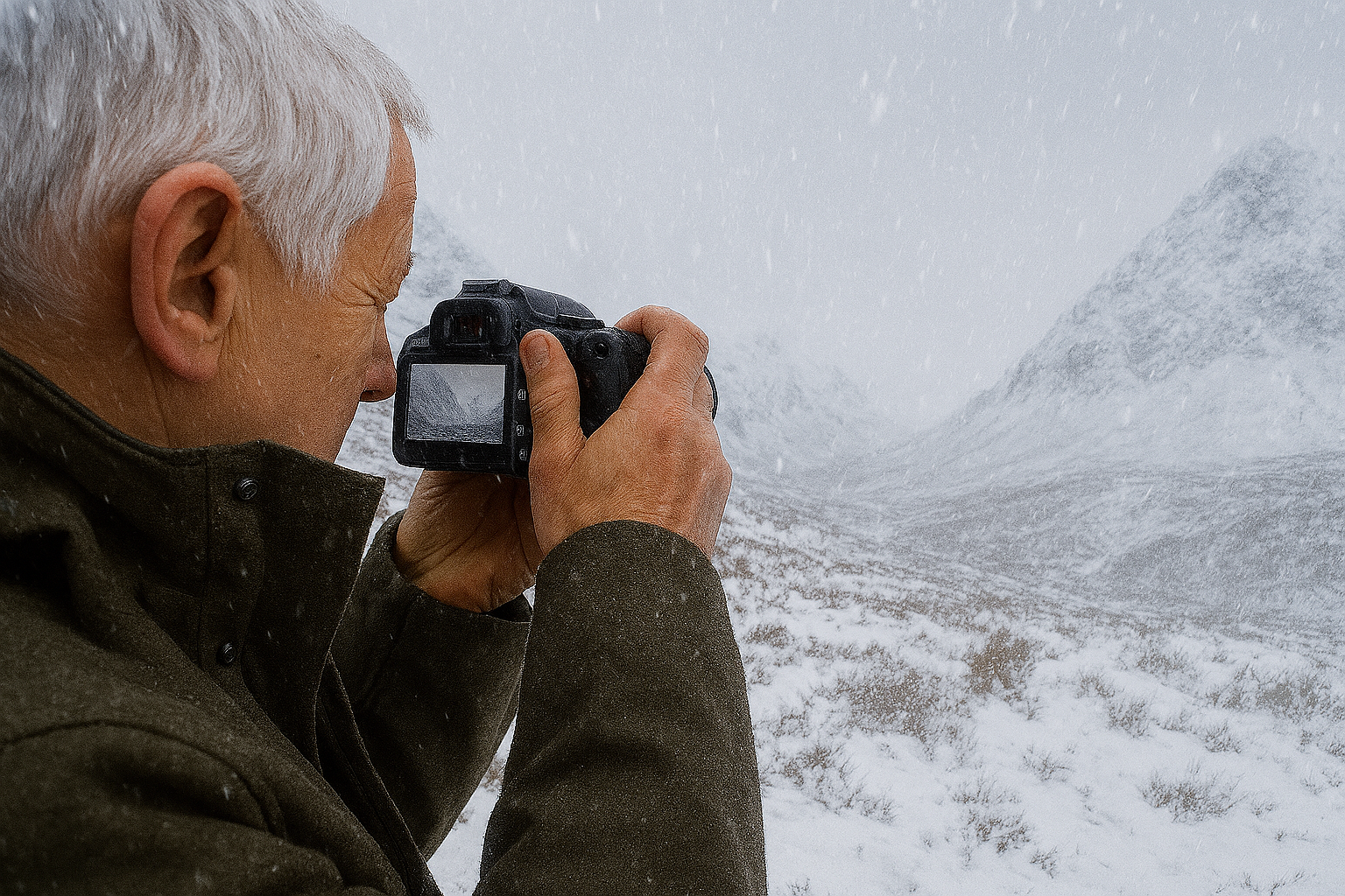 Dave using his camera as snow falls across a Scottish mountain valley